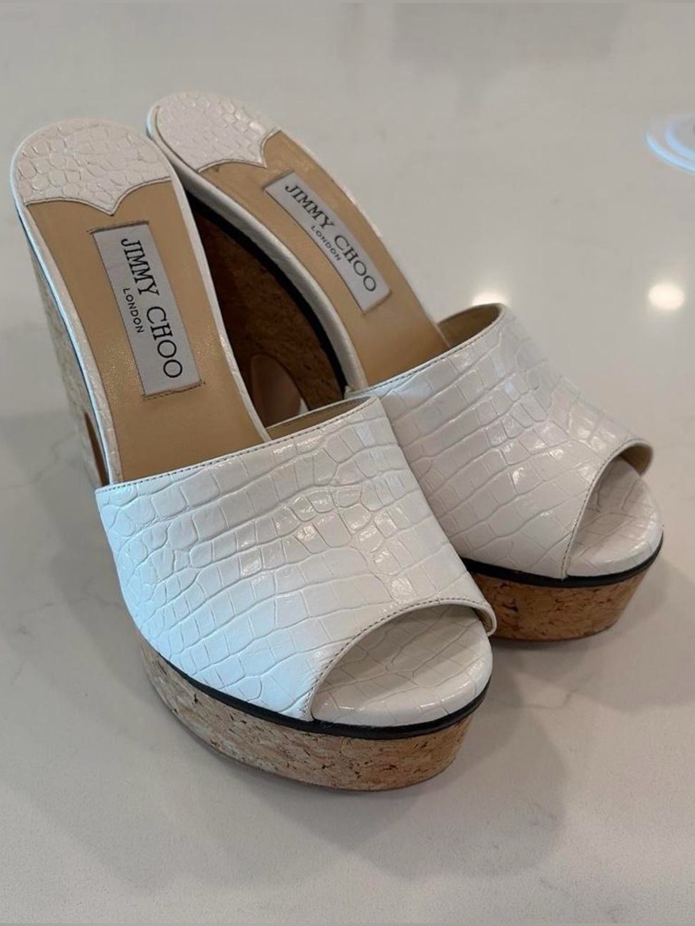 Jimmy Choo White Croc-Embossed Cork Platform Wedge Mules